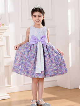 Hopscotch - Girls Lavender Sequin Embellished Bow Applique Party Dress