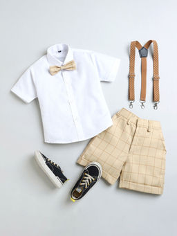 Hopscotch - Boys White & Beige Solid Shirt & Shorts Formal Set with Suspender & Bow