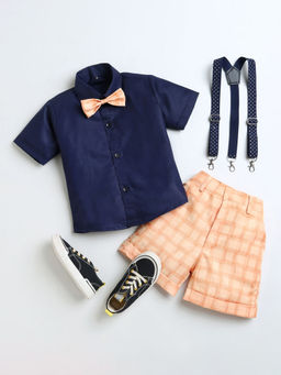 Hopscotch - Boys Solid Shirt & Shorts Formal Set with Suspender & Bow