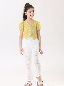 Hopscotch - Girls Yellow & White Floral Print Blouse & Pant Set