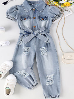Hopscotch - Girls Blue Distress Embellished Jumpsuit with Belt