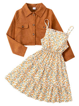 Hopscotch - Girls Brown & Cream Floral Print Strappy Dress with Jacket