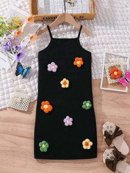 Hopscotch - Girls Black Floral Applique Singlet Casual Dress