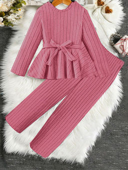 Hopscotch - Girls Pink Textured Blouse & Pant Set with Belt