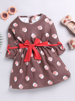 Hopscotch - Girls Brown Floral Print Full-Sleeve Casual Dress