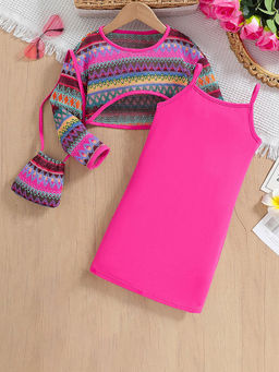 Hopscotch - Girls Pink Embroidered Sweatshirt with Strappy Dress & Handbag