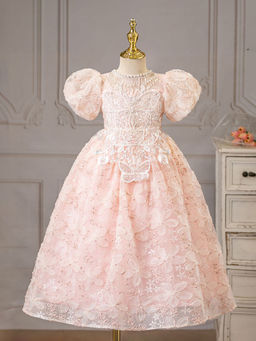 Hopscotch - Girls Peach Sequin Embellished Puff Sleeve Gown