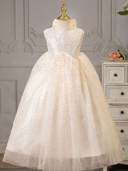 Hopscotch - Girls Beige Sequin Embellished Oversize Bow Applique Party Dress