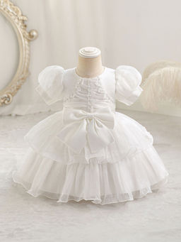 Hopscotch - Girls White Bow Applique Puff Sleeve Party Dress