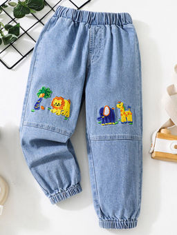 Hopscotch - Unisex Blue Animal Embroidered Joggers Style Jeans