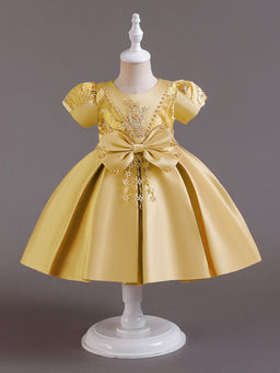 Hopscotch - Girls Gold Floral Embroidered Bow Applique Party Dress