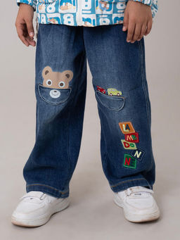 Hopscotch - Boys Blue Teddy Print Cotton Embroidered Jeans