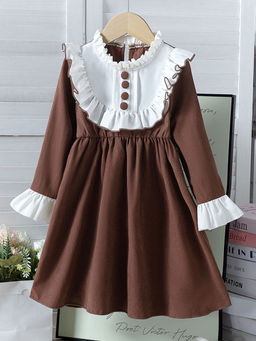 Hopscotch - Girls Brown Ruffle Embellished Fit & Flare Casual Dress