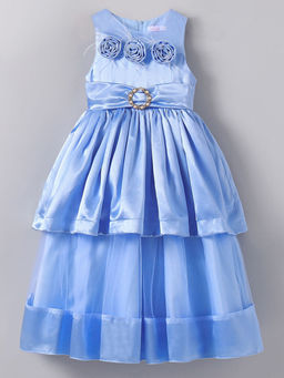 Hopscotch - Girls Blue Floral Applique Sleeveless Gown