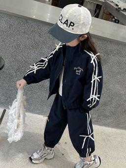 Hopscotch - Girls Stripe Print Bow Applique High Neck Jacket & Joggers Set