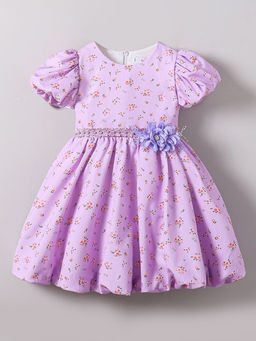 Hopscotch - Girls Purple Floral Print Puff Sleeve Party Dress
