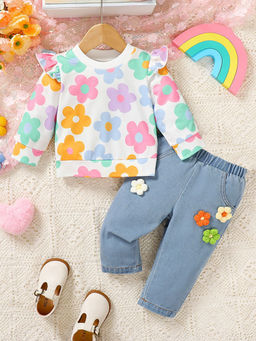 Hopscotch - Girls Multi Coloured Floral Print Sweatshirt & Jeans Set