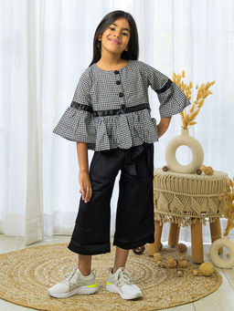 Hopscotch - Girls Black Gingham Print Cotton Bell-Sleeve Blouse & Pant Set