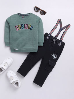 Hopscotch - 2-Piece Text Embroidered Sweatshirt & Pant with Suspender