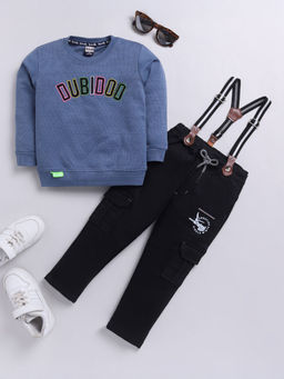 Hopscotch - 2-Piece Text Embroidered Sweatshirt & Pants with Suspender
