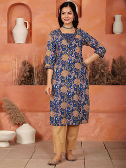 GULAB CHAND TRENDS - Dark Blue Floral Printed Kurta