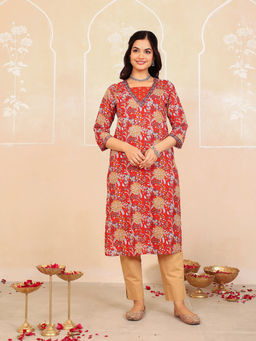 GULAB CHAND TRENDS - Dark Red Floral Printed Kurta