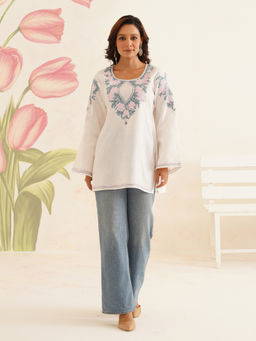 Kashmir Box - Floral Embroidery White Cotton Kurti