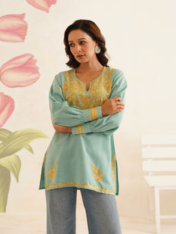 Kashmir Box - Aari Embroidery Blue Cotton Kurti