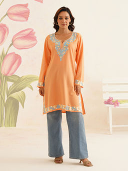 Kashmir Box - Floral Embroidery Peach Cotton Kurti