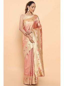 Soch - Women Coral Silk Embroidered Saree with Unstitched Blouse