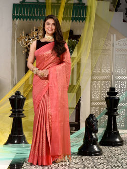 CHARUKRITI - Pink Blended Silk Textured Handwoven Saree with Unstitched Blouse Piece