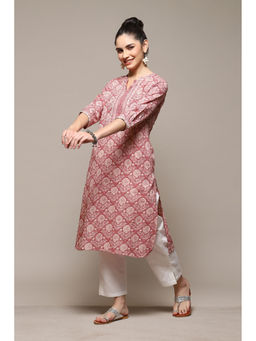 Biba - Peach Cotton Straight Printed Kurta