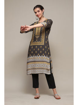 Biba - Charcoal Rayon Straight Printed Kurta