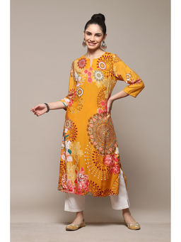 Biba - Yellow Rayon Straight Printed Kurta