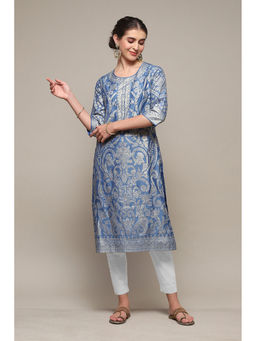 Biba - Blue Polyester Straight Printed Kurta