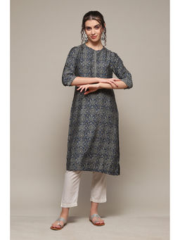 Biba - Indigo Poly Viscose Straight Printed Kurta