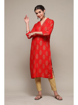 Biba - Red Rayon Straight Printed Kurta