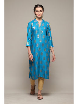 Biba - Blue Rayon Straight Printed Kurta