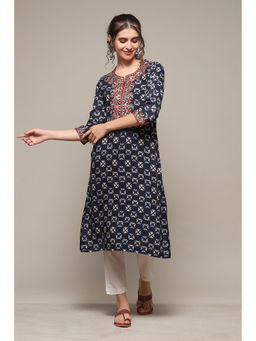 Biba - Navy Blue Rayon Straight Embroidered Kurta