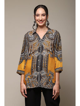 Biba - Mustard Viscose Straight Printed Shirt