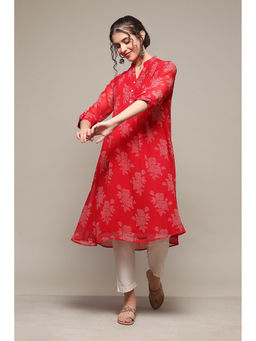 Biba - Red Poly Georgette Straight Printed Kurta (Set of 2)