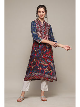 Biba - Navy Blue Rayon Straight Printed Kurta