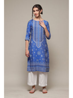 Biba - Royal Blue Rayon Straight Printed Kurta