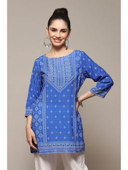 Biba - Royal Blue Polyester Straight Printed Kurti