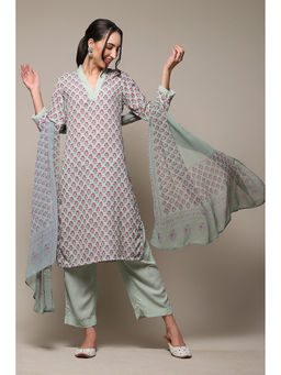 Biba - Green Art Silk Straight Kurta Narrow Pant (Set of 3)