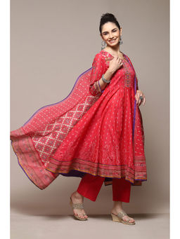 Biba - Red Cotton Anarkali Kurta Pant (Set of 3)