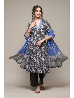 Biba - Charcoal Rayon Straight Kurta Narrow Palazzo (Set of 3)