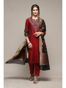 Biba - Maroon & Black Poly Viscose Straight Kurta Slim Pant (Set of 3)