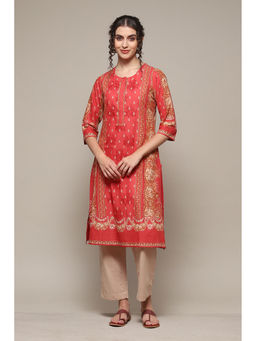Biba - Coral Cotton Straight Kurta Palazzo (Set of 2)