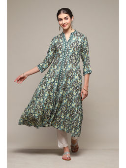 Biba - Bottle Green Rayon A-line Printed Dress